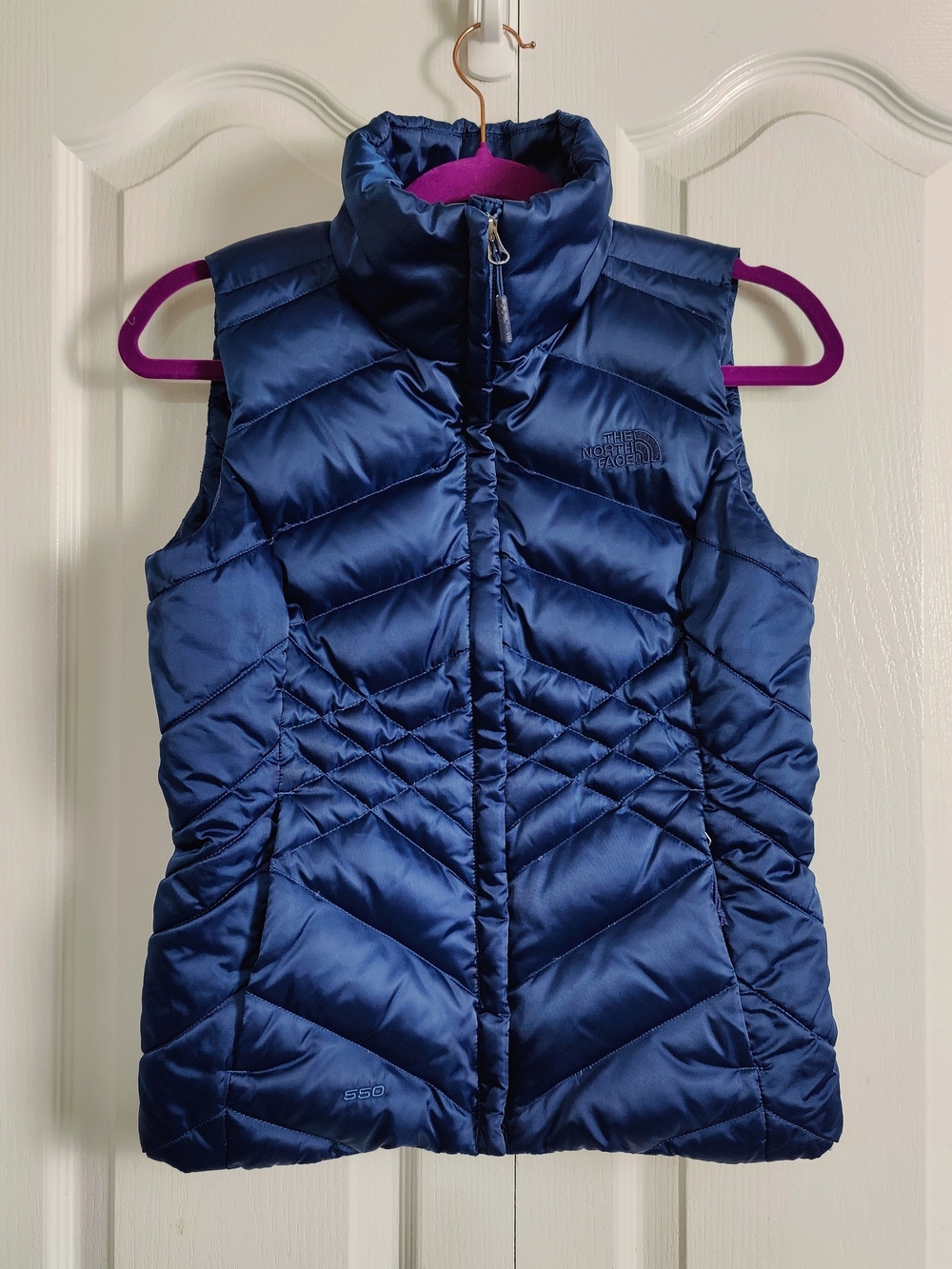 North Face Womens XS Down Puffer Vest Diamond Quilted Satin Navy Blue Aconcagua